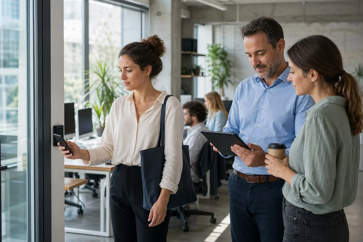 Equipo utilizando FicharNet desde un móvil y una tablet en su lugar de trabajo