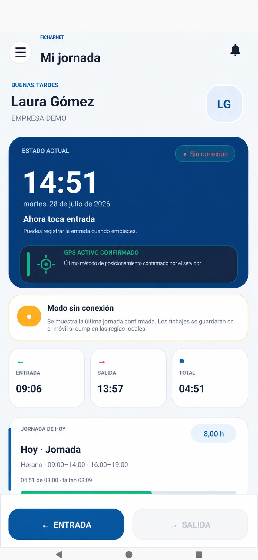 Pantalla real de Mi jornada en la aplicación FicharNet con datos anonimizados