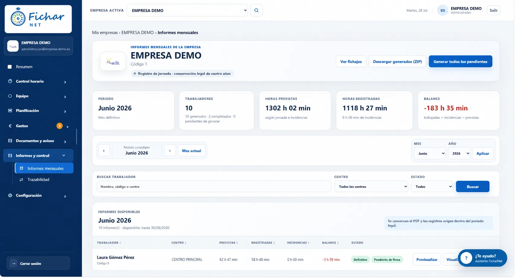 Listado real de informes mensuales en FicharNet con filtros e indicadores