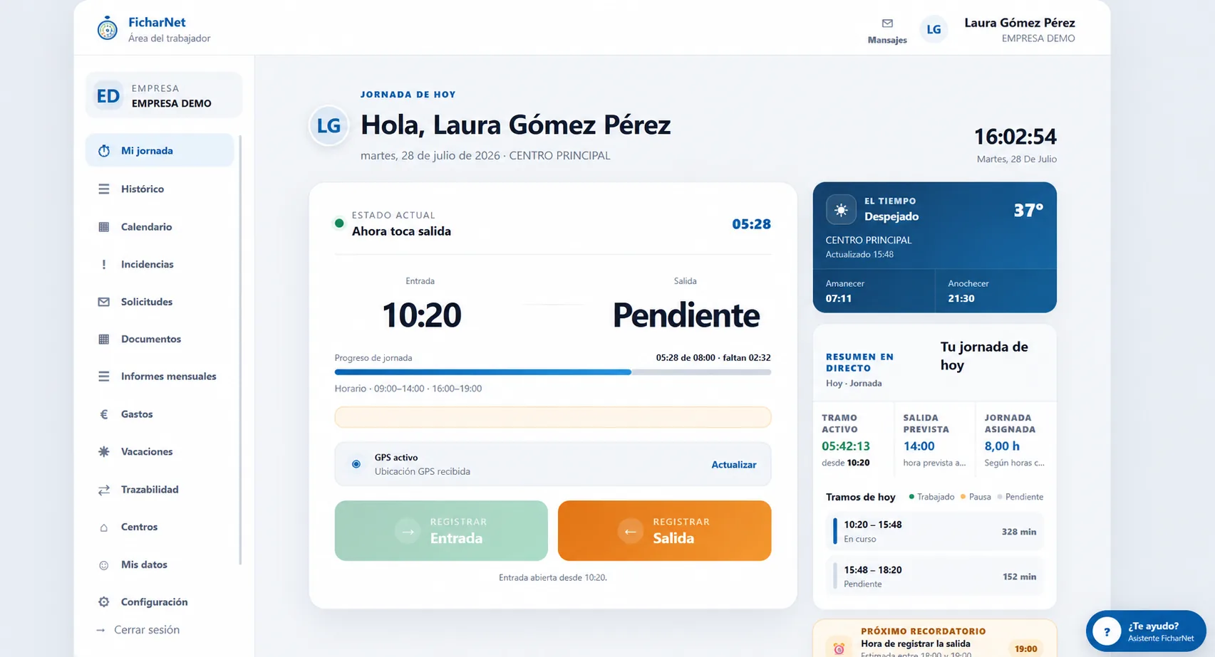 Portal web real del trabajador con su jornada, estado actual y acciones de fichaje
